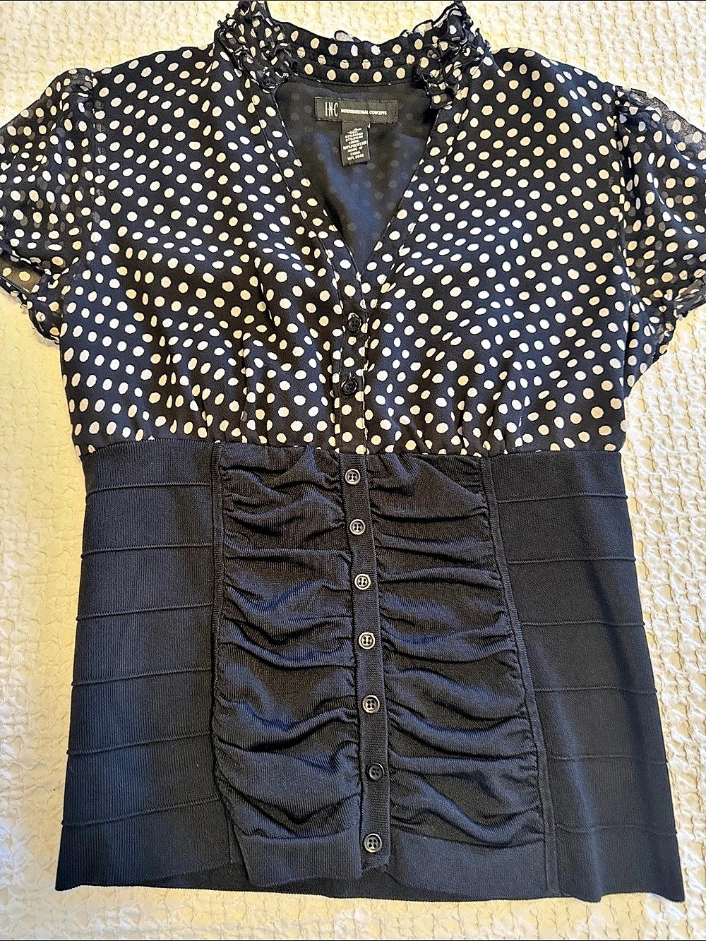 INC international concepts Polka Dot Ruched Mini Dress in Black & White Like New